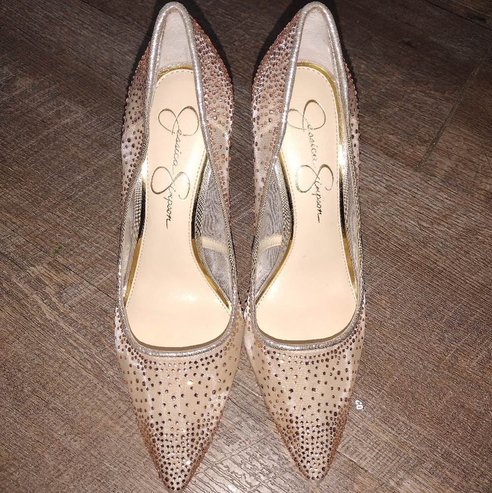 Crystal Jessica Simpson Rhinestone Rise Gold Mesh 3”+ heel